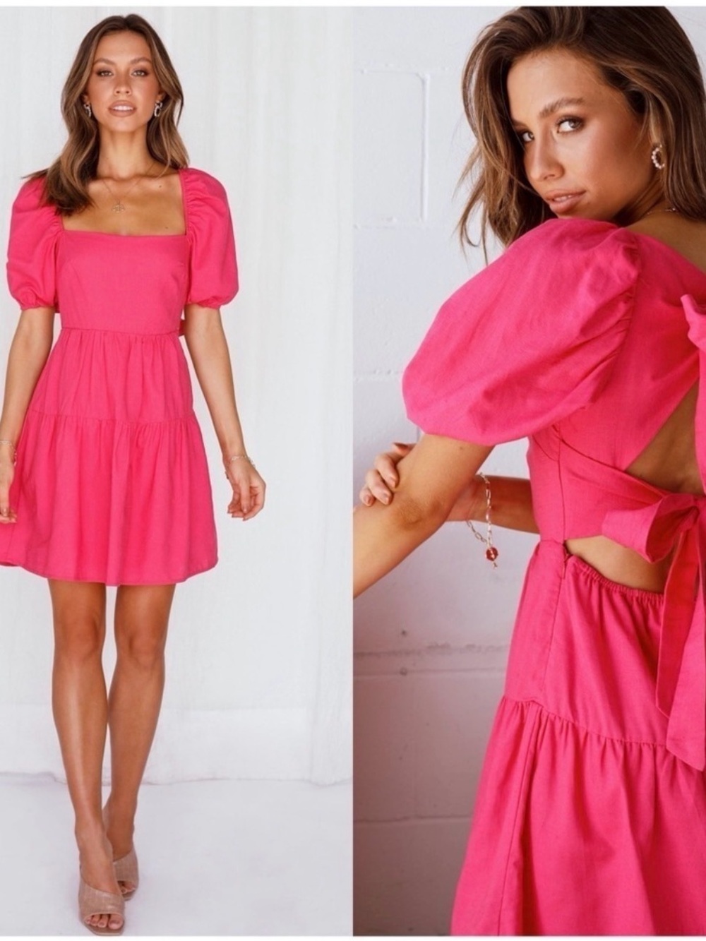 Hello Molly Best Weekend Tie Back Puff Sleeve Dress Pink Size 6